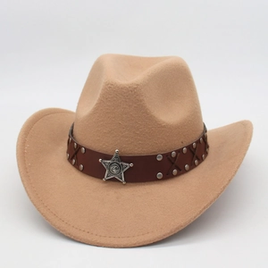 Detail of khaki cowboy hat featuring brown leather band with silver star badge and rivets