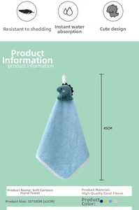 Detail view of blue dinosaur coral fleece hand towel with 30x30cm size specifications
