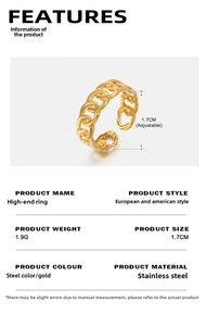 Close-up of golden adjustable chain link ring made of durable stainless steel