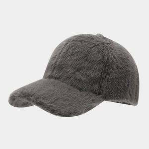 Deep grey faux fur baseball hat for winter with a soft fluffy texture and warm design