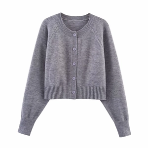 Women Knit Cardigan Grey Button Down Round Neck Cropped Long Sleeve Polyester Casual Elegant Sweater Top