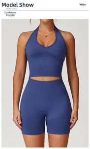 Ensemble de yoga sans couture violet glacé avec brassière côtelée et short taille haute