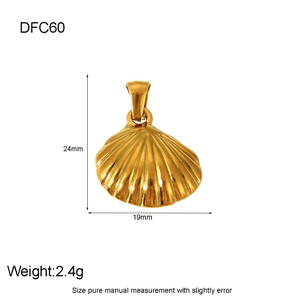 Detailed dimensions of gold shell pendant showing 24mm height and 19mm width measurements