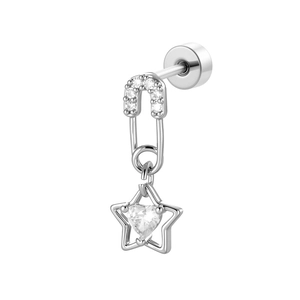 Silver paperclip stud earring with diamond accents and a hollow star heart pendant