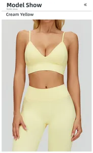 Front view of cream yellow seamless yoga set with double straps V-neck bra and high waist leggings