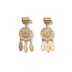 Close-up of golden dreamcatcher earring with three detailed feather pendants