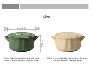 Detailed size chart for 800ml ceramic noodle bowls with lid and textured relief finish