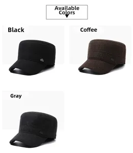 Detail of flat top winter caps for men in black, coffee, and grey with herringbone texture