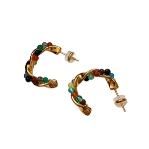 Bohemian gold twisted C-shape earrings with colorful beads and silver needle posts