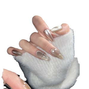 Long coffin champagne mirror cat eye press-on nails with metallic luster finish