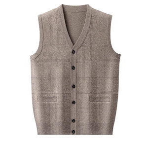 Men Knitted Vest Sleeveless Sweater V-Neck Button Down Plaid Pattern Casual Business Cardigan With Pockets