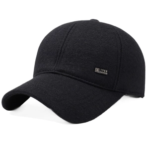 Thickened men's winter baseball cap with ear flaps in black wool blend fabric