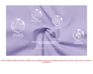 Detail of light purple yoga wear showing quick-dry nylon spandex and woven chiffon fabrics