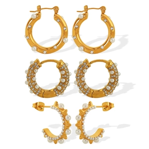 Three pairs of 18K gold-plated hoop earrings featuring white pearls and crystals