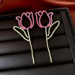 Tulip Flower Drop Earrings Alloy Rhinestone Hollow Jewelry With 925 Sterling Silver Earring Post For Women Sweet Style