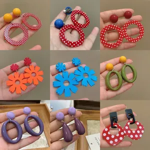 Vintage French Style Drop Earrings For Women Resin Acrylic Geometric Floral Polka Dot Jewelry With Silver Earring Post