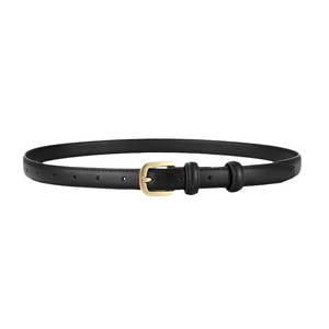 Minimalist women's black leather belt with gold metal buckle for casual jeans and dresses.