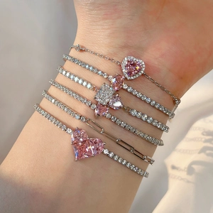Pink Heart Zircon Tennis Bracelet 925 Sterling Silver Adjustable Elegant Fashion Jewelry Gift For Women Girls