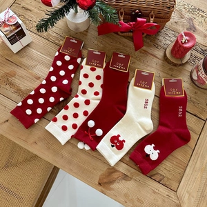 Women Christmas Mid Calf Socks Acrylic Knit Festive Red White Polka Dot Apple Heart Bow Pompom Winter Warm