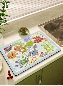 Absorbent kitchen mat with colorful floral patterns and quick-dry tech cloth material