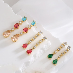 Elegant 18K gold plated tassel earrings with colorful zircons and teardrop pendants