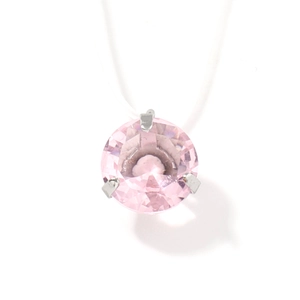 Elegant pink crystal round pendant with three-prong silver setting on a minimal necklace