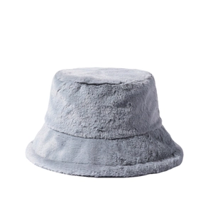 Warm gray faux rabbit fur bucket hat for women with a minimalist plush winter design
