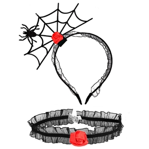 Halloween spider web headband and lace choker set with red fabric roses for party