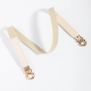 Beige adjustable fabric shoulder strap with leather ends and gold metal buckles for bags