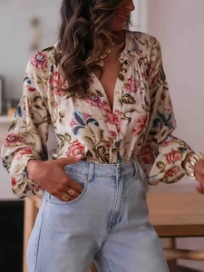 Floral print long sleeve V-neck blouse in vintage French style with lantern sleeves