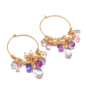 Elegant 925 silver needle hoop earrings with freshwater pearls and colorful Czech gemstones