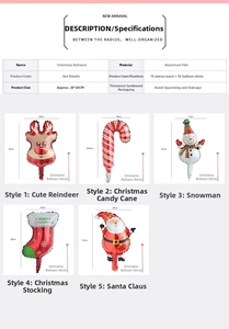 Détails de ballons de Noël en aluminium incluant renne, bonhomme de neige et Père Noël