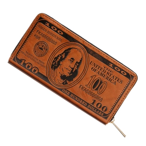 Brown leather long wallet featuring a creative $100 bill pattern with secure zipper closure