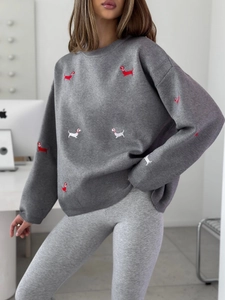 Women Knit Sweater Cotton Polyester Dachshund Dog Embroidery Loose Fit Crew Neck Long Sleeve Pullover Autumn Winter