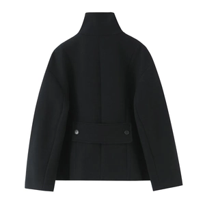 Women's chic black wool jacket with stand collar and decorative back button detailing