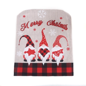 Linen Christmas chair cover with cute gnomes and Merry Christmas text decor