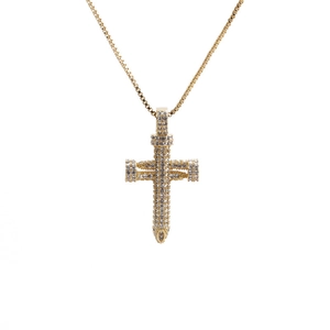 Golden nail-design cross necklace with sparkling zircons on a sturdy box chain