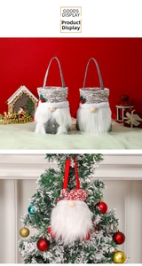 Detailed view of Christmas gnome gift bags and tree ornaments in festive red and gray colors