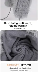 Detailed macro view of the warm plush lining and knit texture of the gray trapper hat