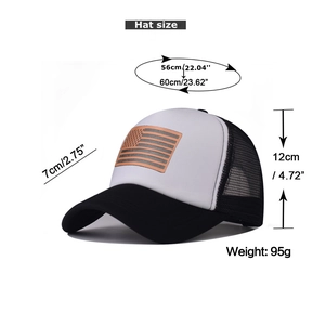 Detailed size chart of American flag trucker hat with foam front and breathable mesh