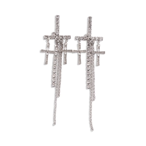 Elegant silver cross tassel earrings with sparkling rhinestones and long fringe design