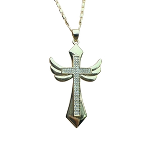 Golden cross necklace with angel wings and micro-pave cubic zirconia pendant