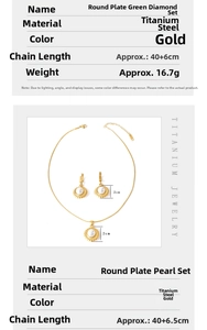 Detailed specs of gold titanium steel jewelry set with pearls and green agate patterns