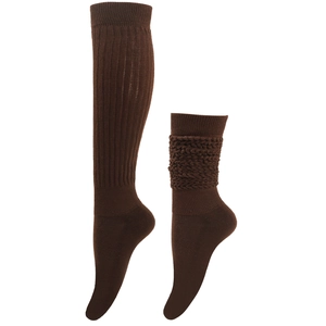 Detail view of brown slouch socks in stretched and stacked styles with cable knit texture
