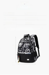 Detailed view of black graffiti nylon backpack showing dimensions 49x33x20cm and features