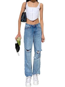 Women's casual high waist ripped denim jeans paired with a white slim fit U-neck tank top