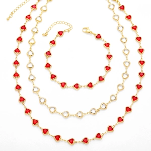 Heart Shape Zircon Jewelry For Women Copper With Rhinestones Fashion Minimalist Necklace And Bracelet Gold Plated