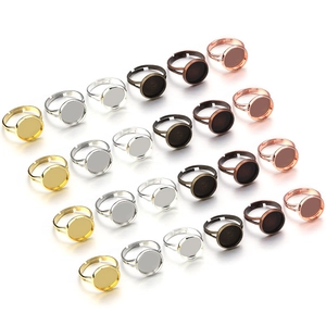 Detailed grid of adjustable ring base settings in multiple metallic finishes for DIY jewelry