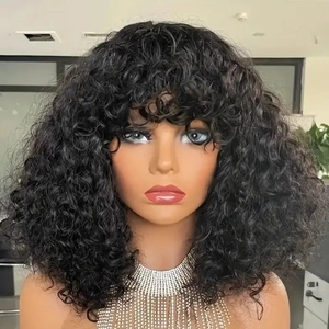 Short black curly wig with bangs for women featuring high-temperature synthetic fiber