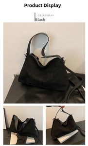 Détail du sac bandoulière noir en daim mat avec fermeture éclair métallique et sangle